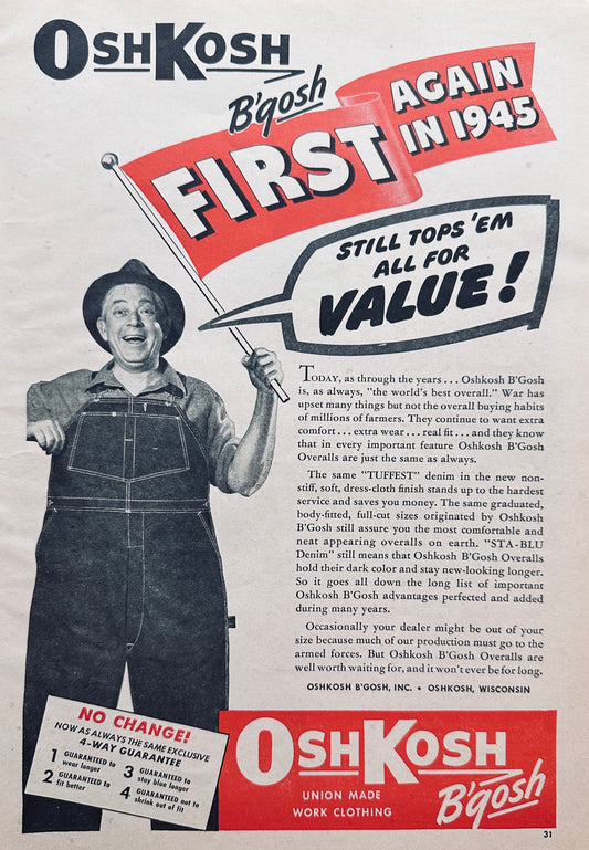 1945 Oshkosh B'Gosh Union Made Work Clothing Vintage Ad #1475