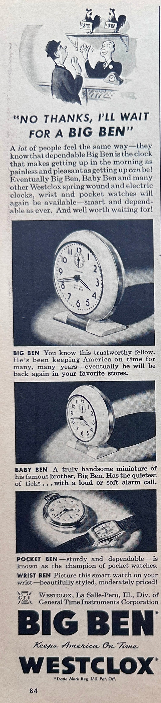 1945 Westclox - Big Ben, Baby Ben & Pocket Ben Clocks & Watches Ad #1478