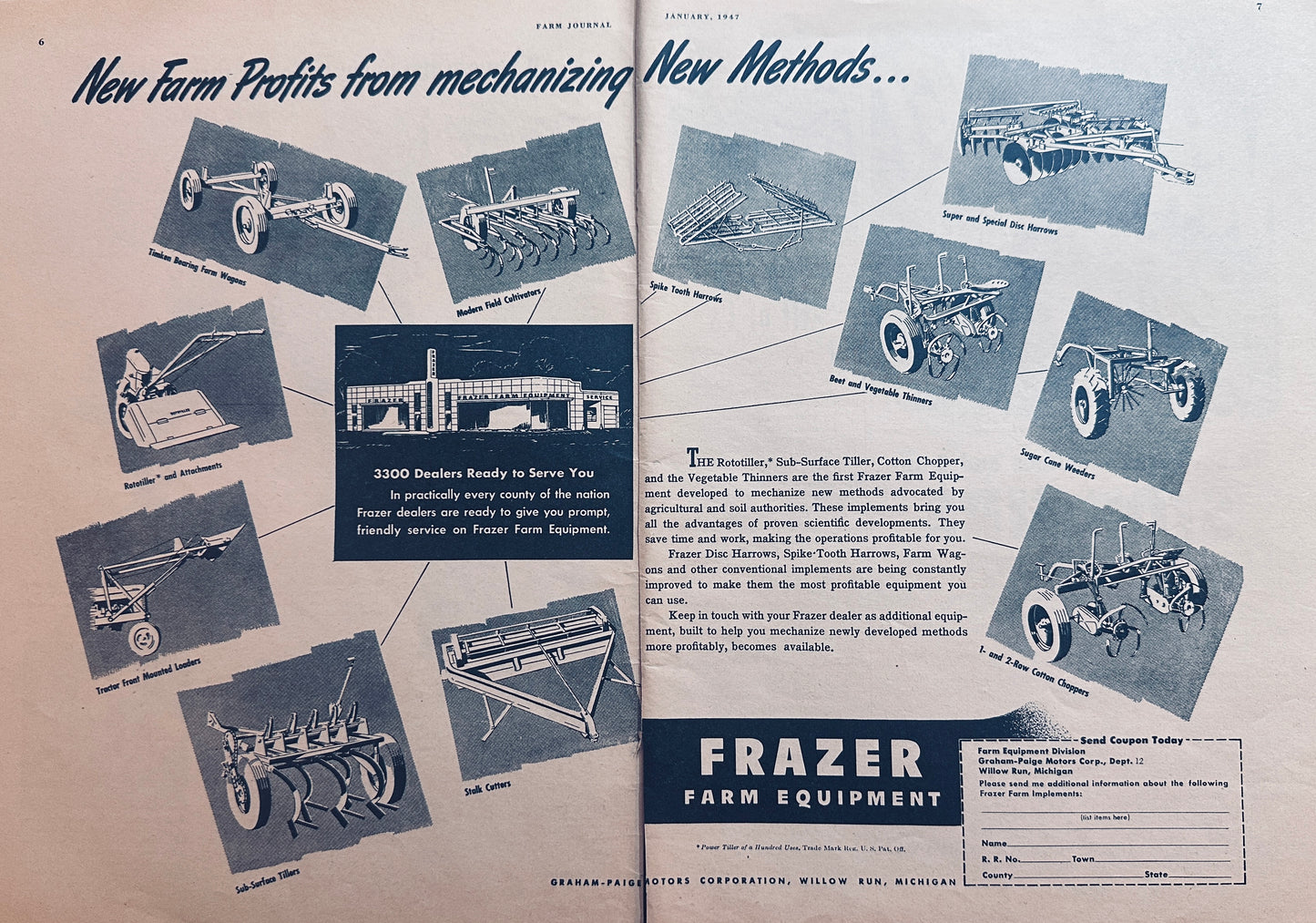 1947 2-Page Frazer Farm Equipment - Graham Paige Farm Division Ad#1089