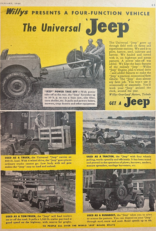 1946 Willy's Universal Jeep a 4-Function Vehicle Vintage Ad #N1097
