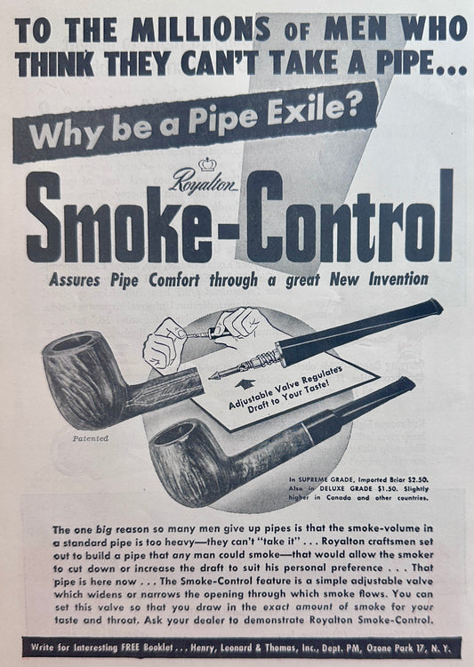 1946 Roylaton Smoke-Control Supreme Grade Imported Briar Pipe AD #N1103