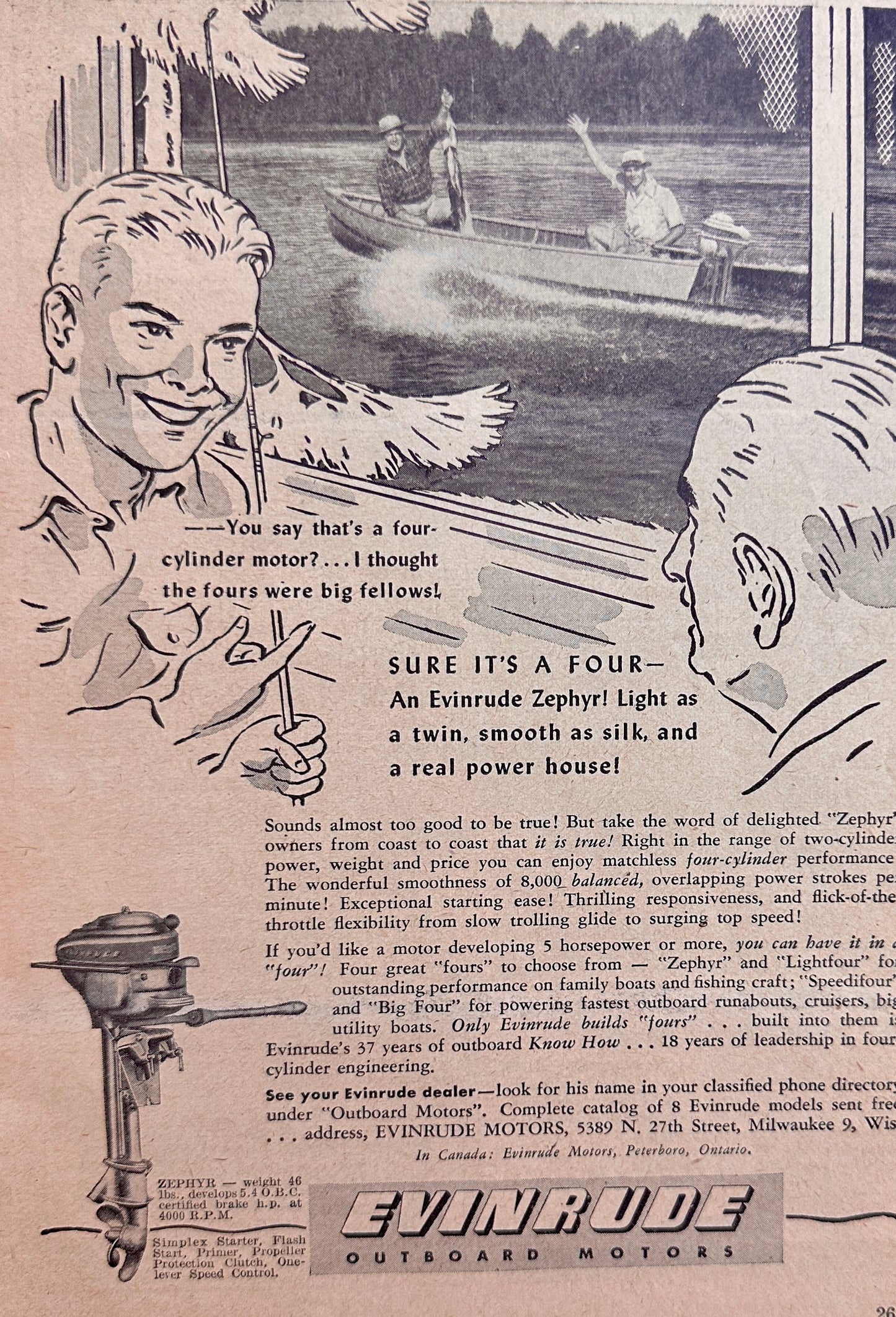 1946 Evindrude Zephyr Outboard Motor Vintage Ad #N1107