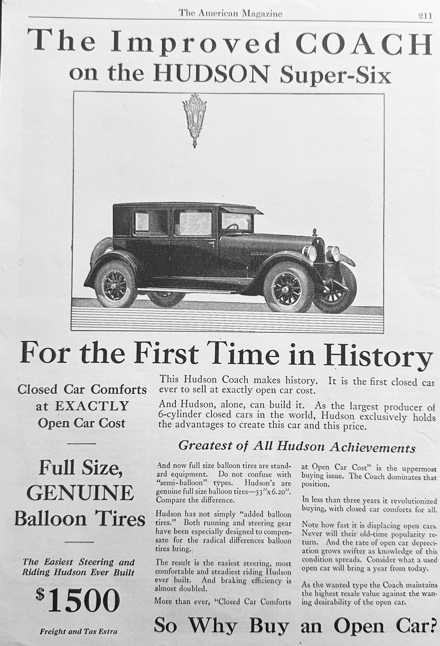 1924 Hudson Super-Six First Closed Car @ Open Car Price Ad #N1121