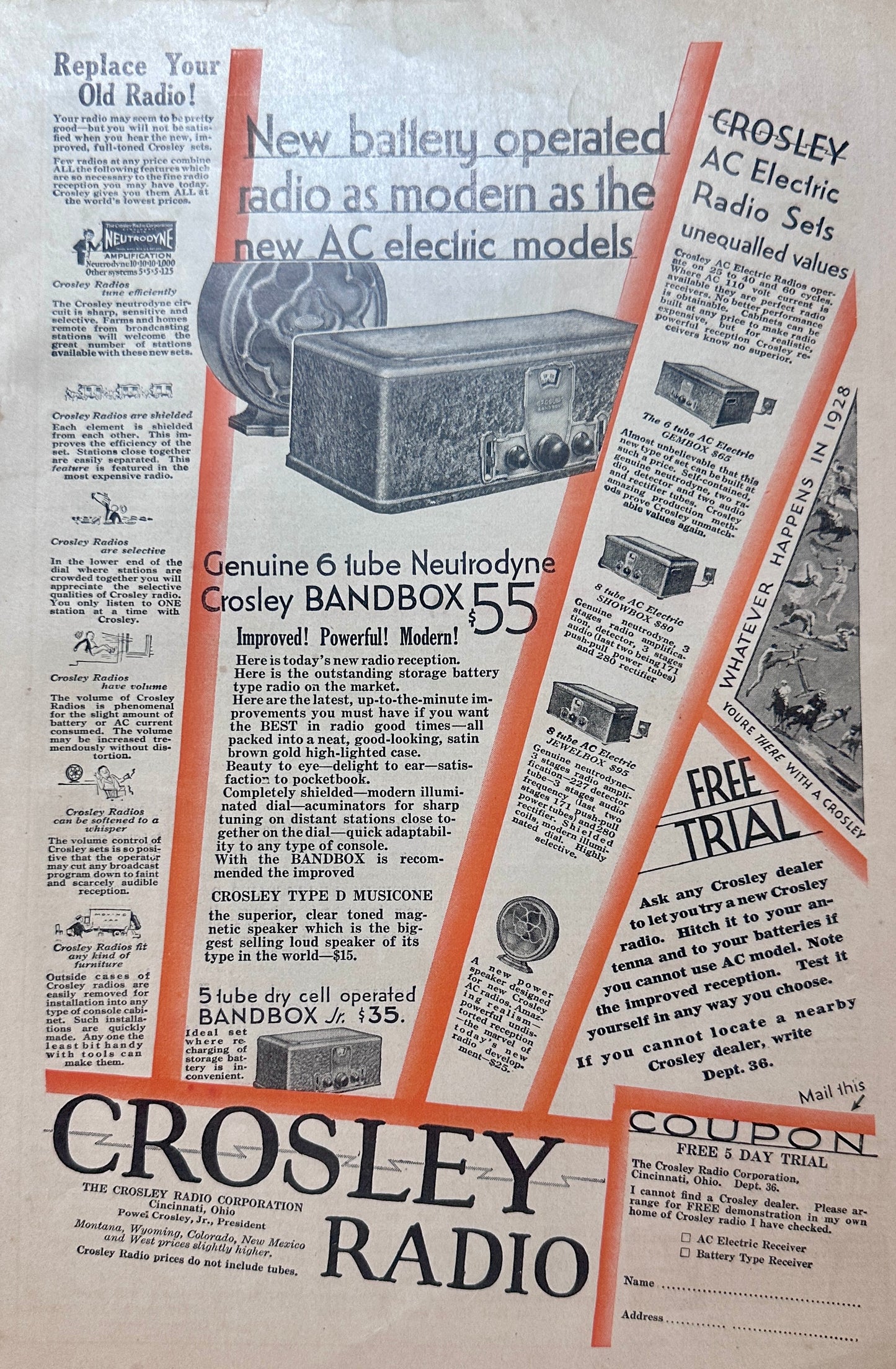 1928 Crosley Radio - New Battery Operated Neutrodyne BANDBOX Ad #1481