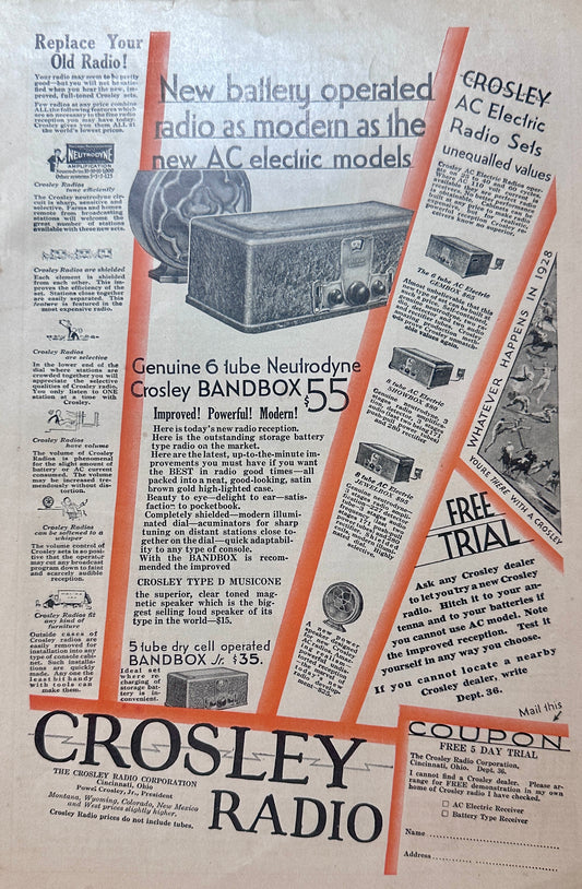 1928 Crosley Radio - New Battery Operated Neutrodyne BANDBOX Ad #1481