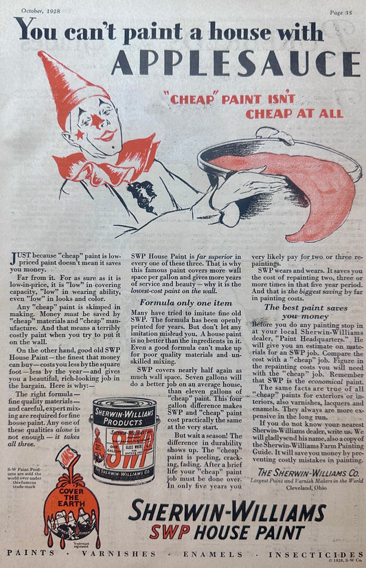 1928 Sherwin Williams Vintage Paint Ad - Creepy Clown Ad #1484