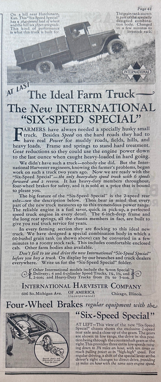1928 The Ideal Farm Truck - International Six Speed Special Ad #1486