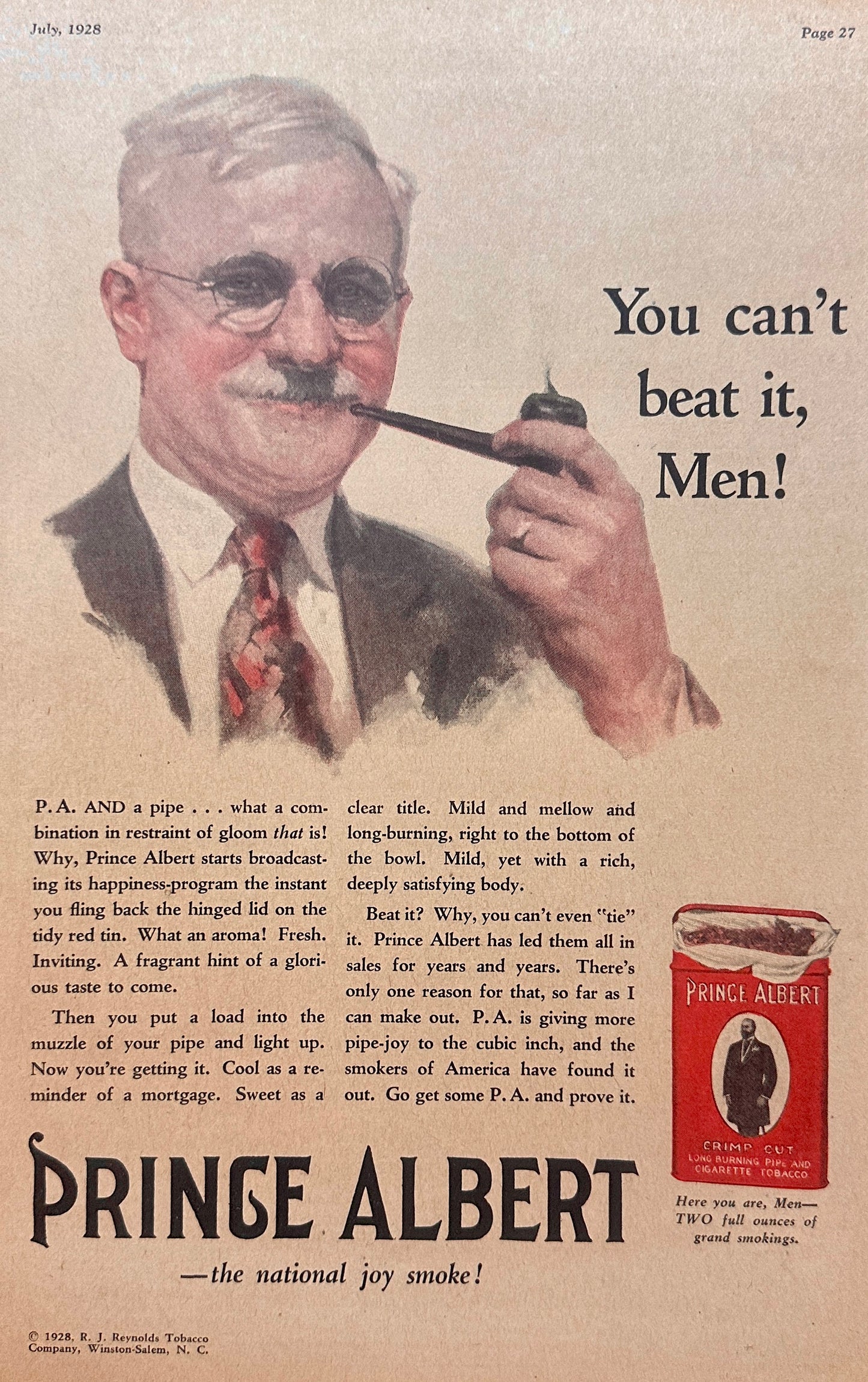 1926 Prince Albert Crimp Cut Smoking Tobacco ad #N1128