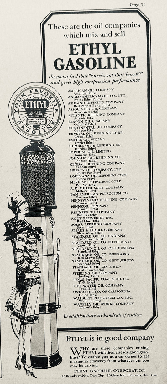1928 Ethyl Gasoline - Flapper Gal & Visible Gas Pump Ad #N1130
