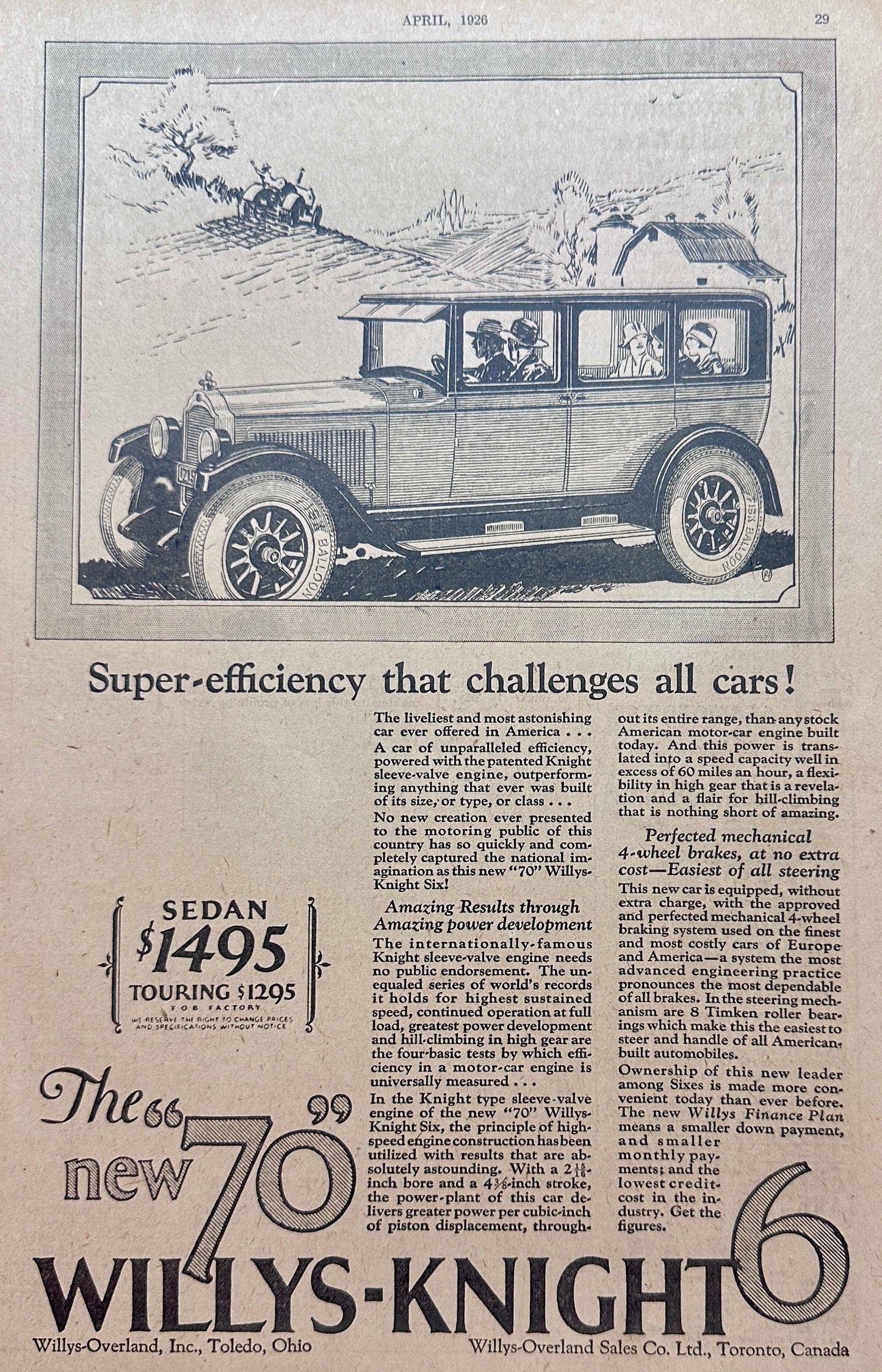 1926 The New "70" Willys-Knight 6 Vintage Ad #1491