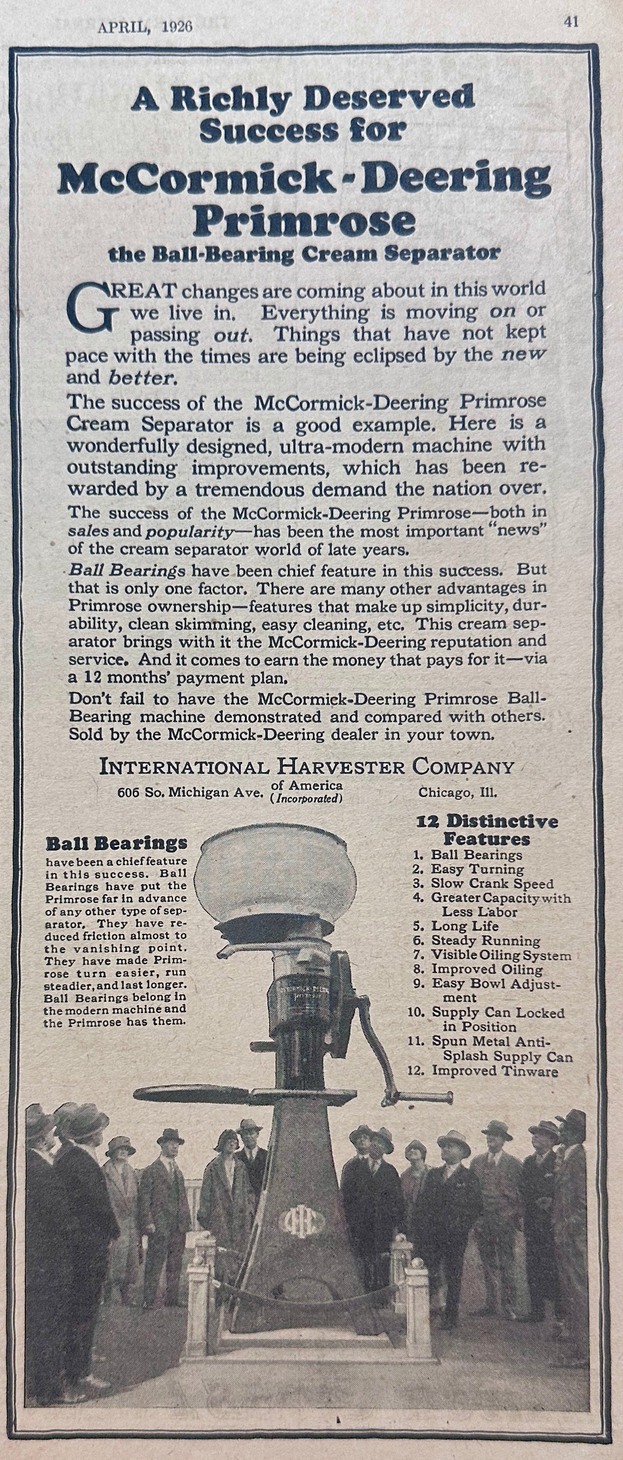 1926 McCormick-Deering Primrose Ball Bearing Cream Separator Ad #1492