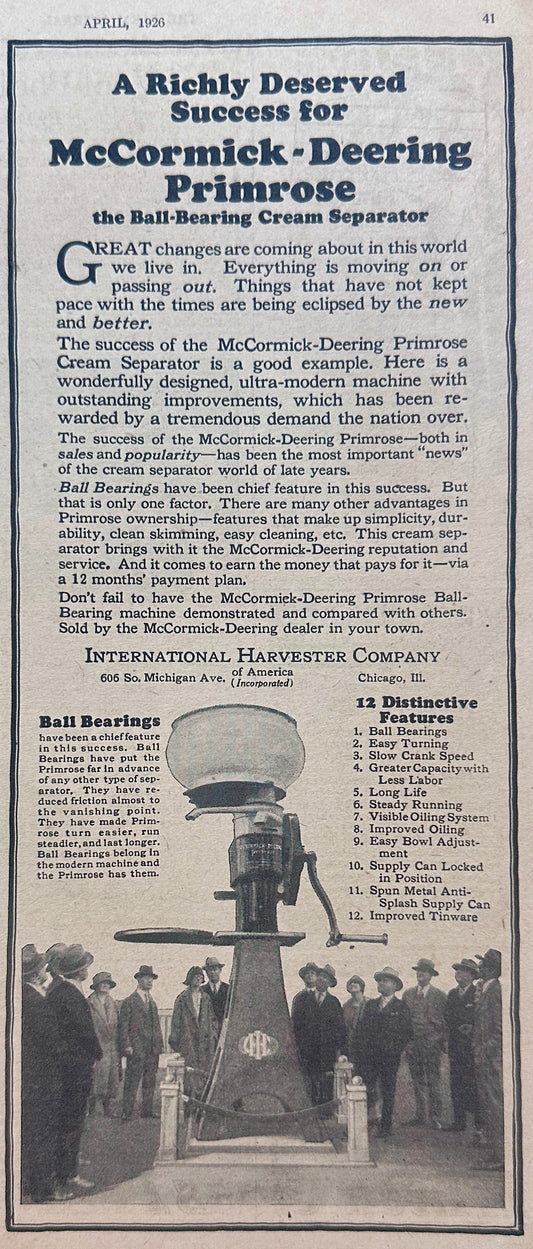 1926 McCormick-Deering Primrose Ball Bearing Cream Separator Ad #1492