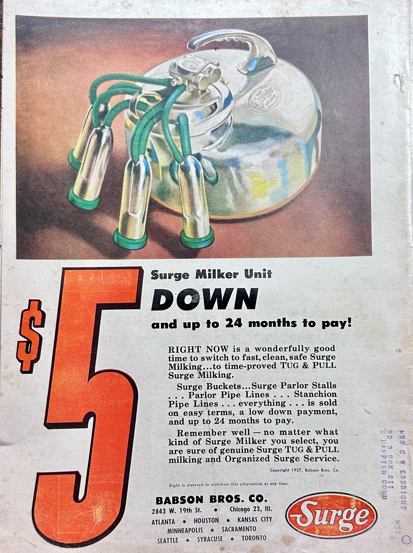 1957 Surge Milker By Babson Bros. Co Vintage Ad #N1133