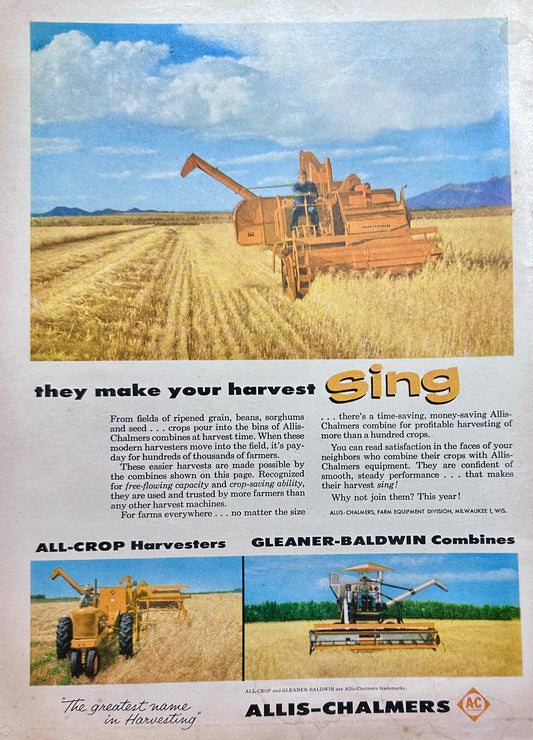 1957 Allis Chalmers All-Crop Harvester and Baldwin Gleaner Combines Ad #N1134
