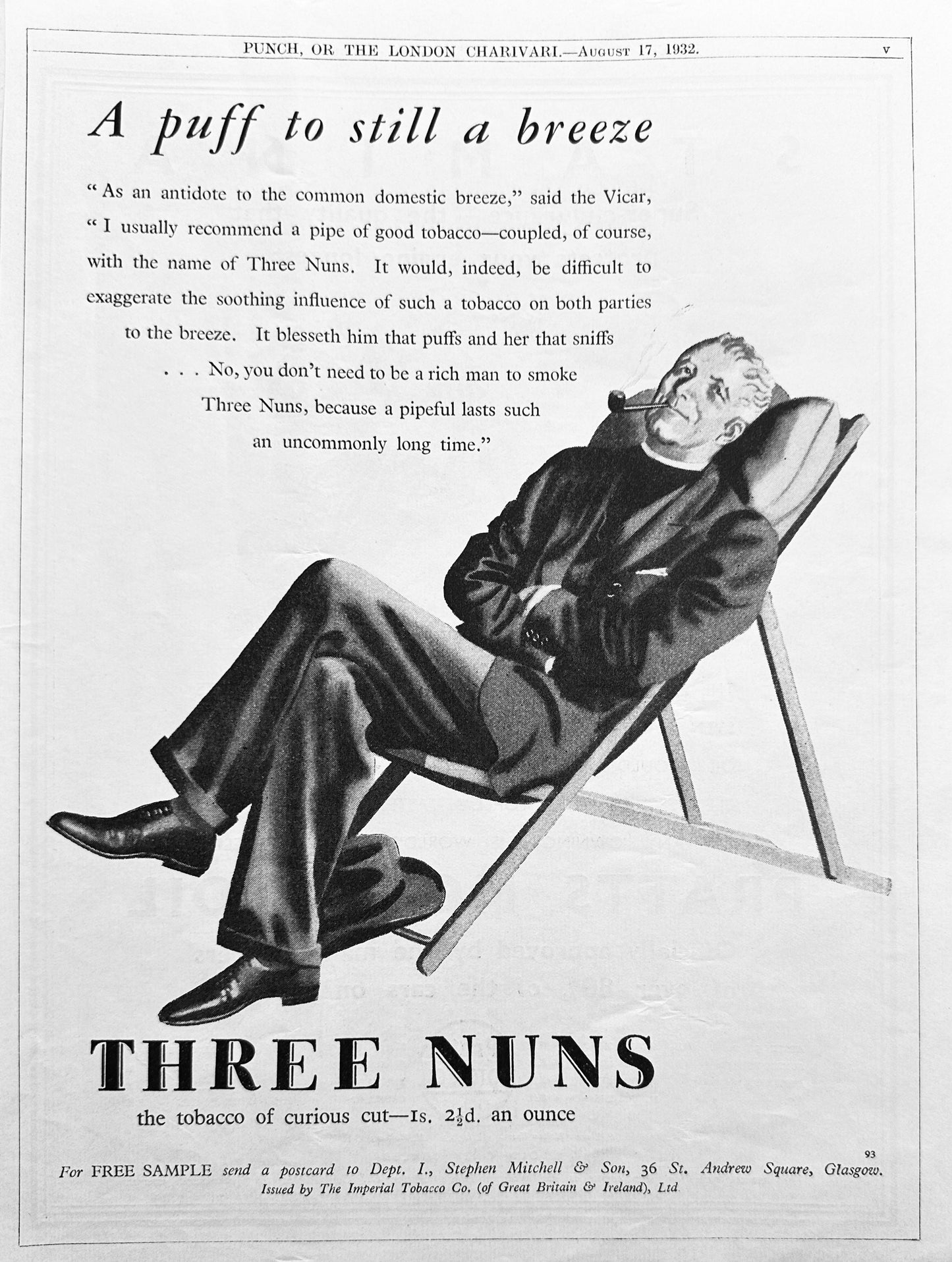 1932 Three Nuns Smoking Pipe Tobacco - A Puff To Still a Breeze AD #N1140