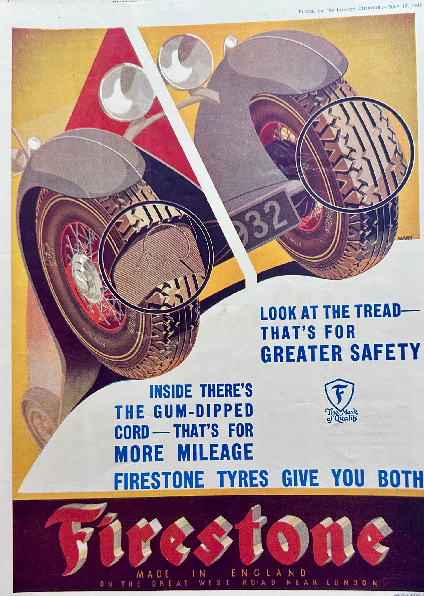 1932 Vintage Firestone Tyre Ad From Britain - Punch Magazine Ad #A342