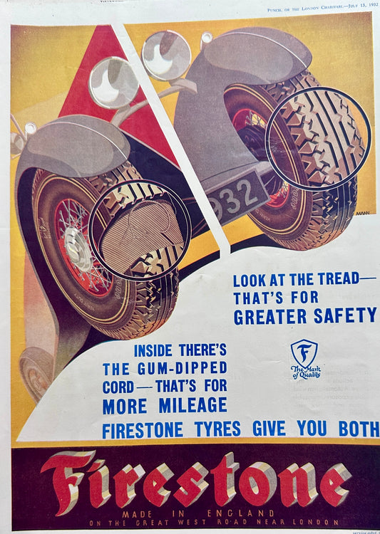 1932 Vintage Firestone Tyre Ad From Britain - Punch Magazine Ad #A342