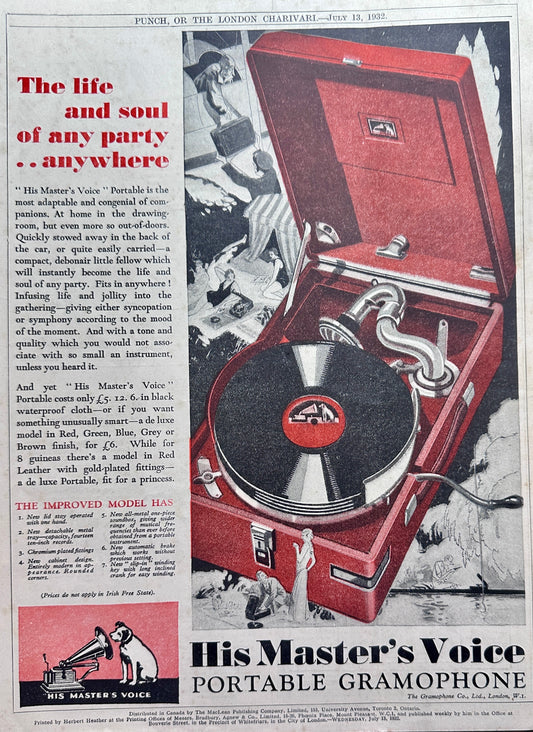 1932 His Master's Voice Portable Gramophone British Ad #N1139