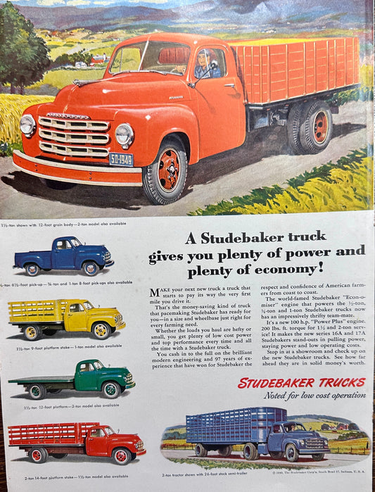 1949 Colorful Studebaker Farm Trucks 6 Styles Shown Ad #1508