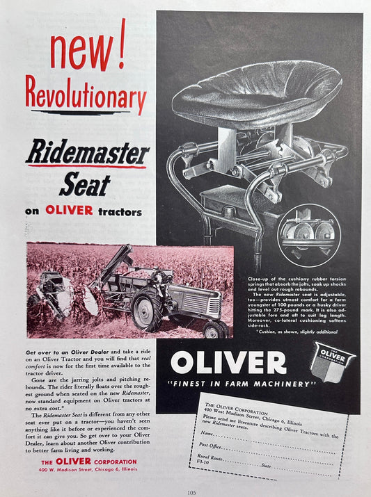 1949 Revolutionary New Ridemaster Seat on Oliver Tractors Ad #1498