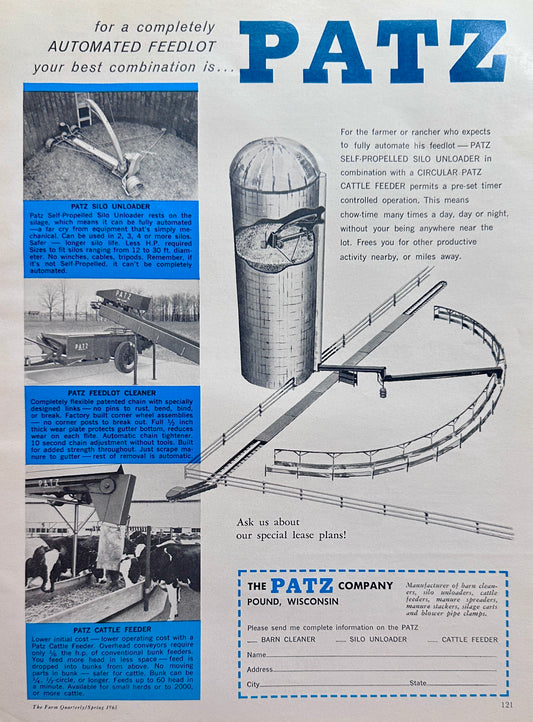 1965 PATZ - Completely Automates Your Feed Lot Vintage Ad #1518