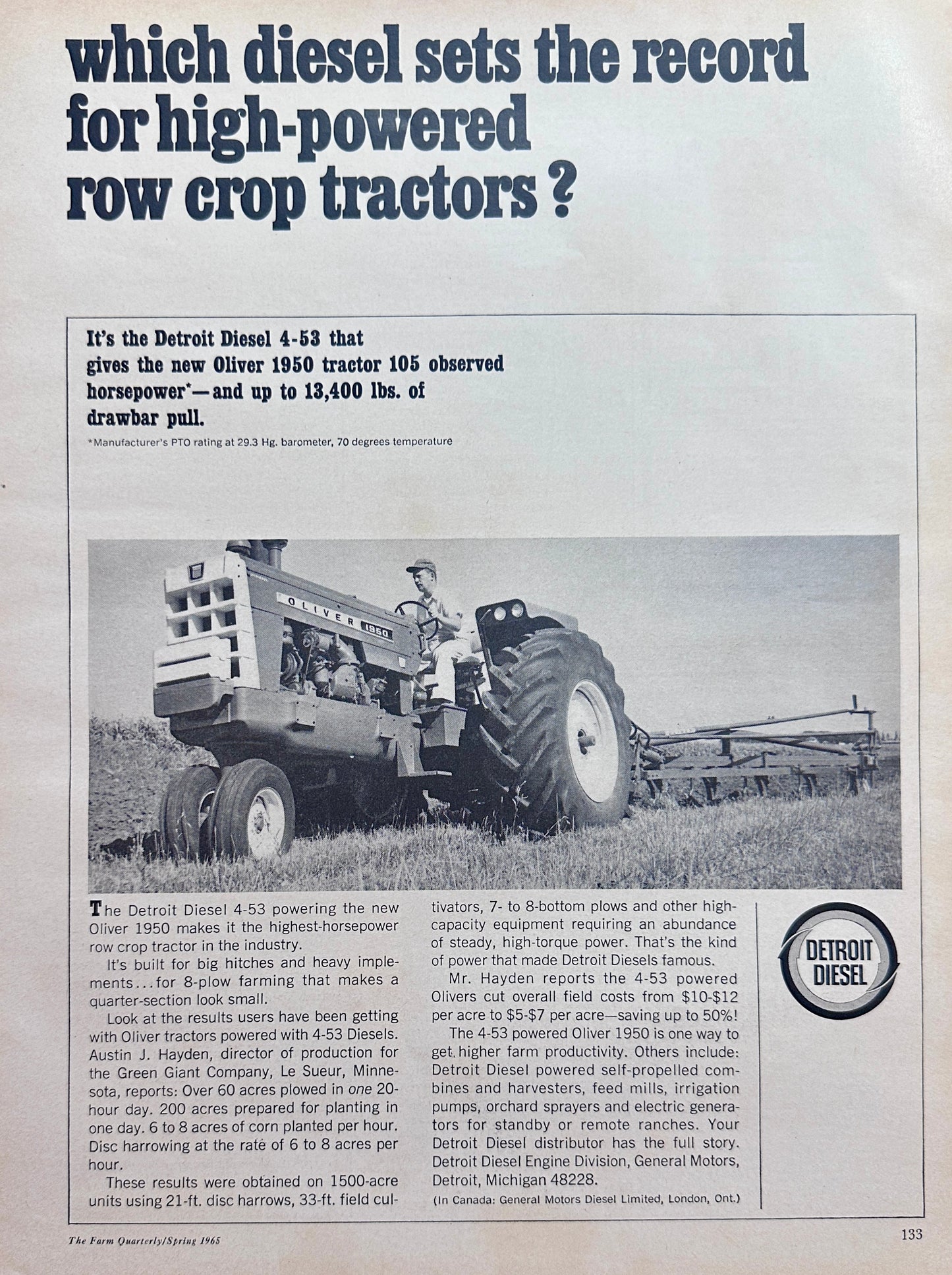 1965 Detroit Diesel 4-54 on the Oliver 1950 Tractor Vintage Ad #1515