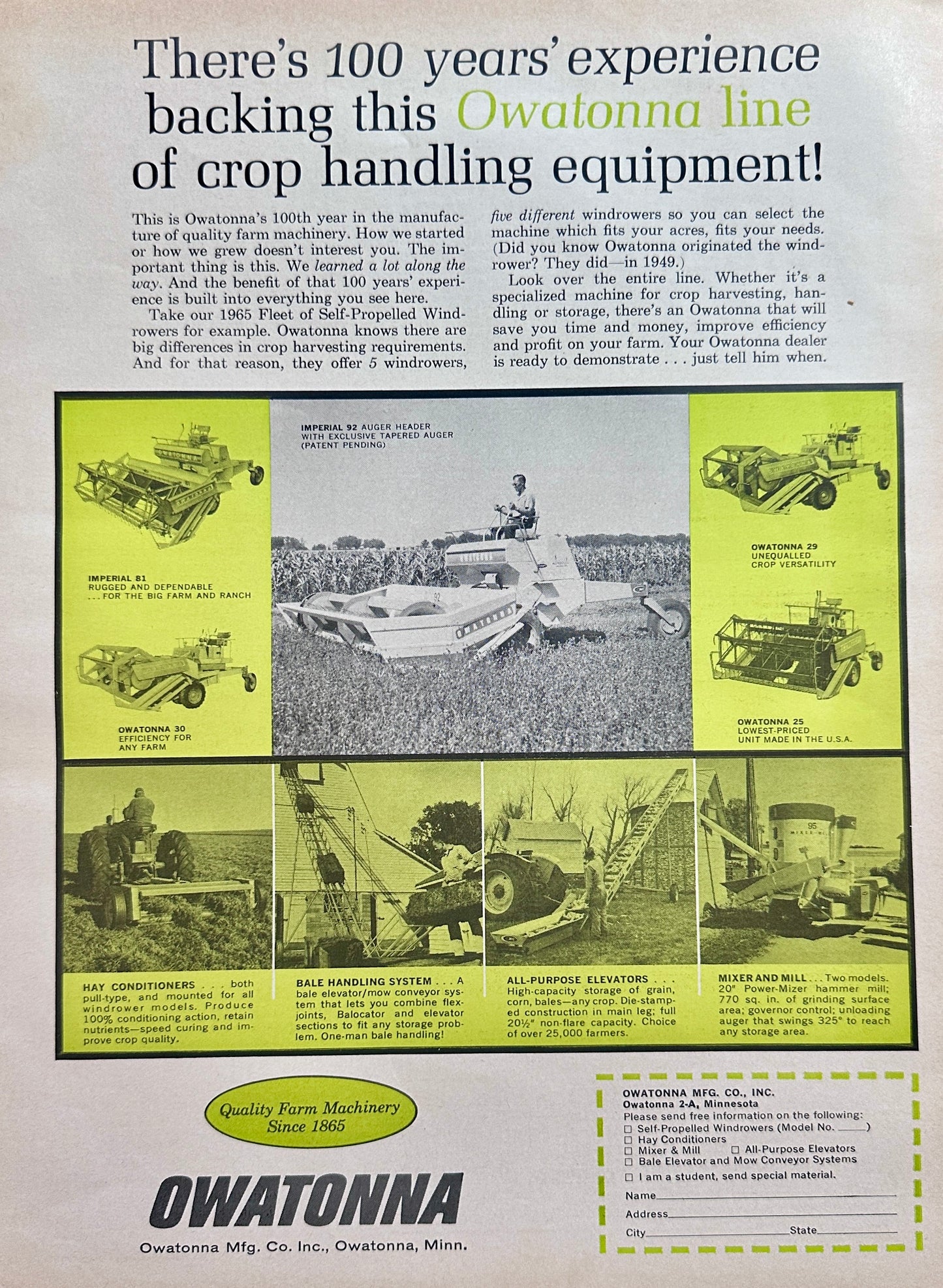 1965 Owatonna Farm Implements- 9 Models Shown Vintage Ad #1514