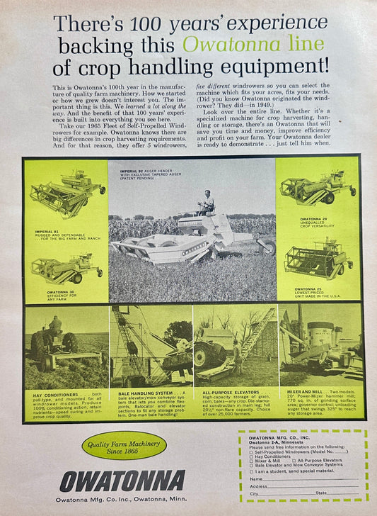 1965 Owatonna Farm Implements- 9 Models Shown Vintage Ad #1514