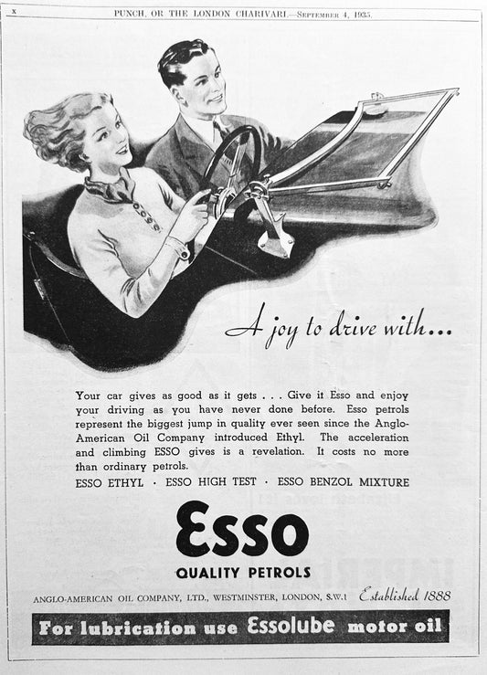 1935 British ESSO Quality Petrols & Essolube Motor Oils Ad #N1194