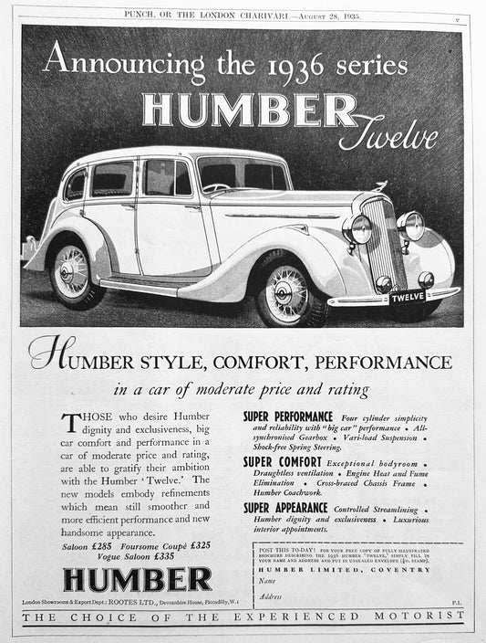 1936 Series Humber Twelve Saloon - British Forgotten Marque Ad#N1191