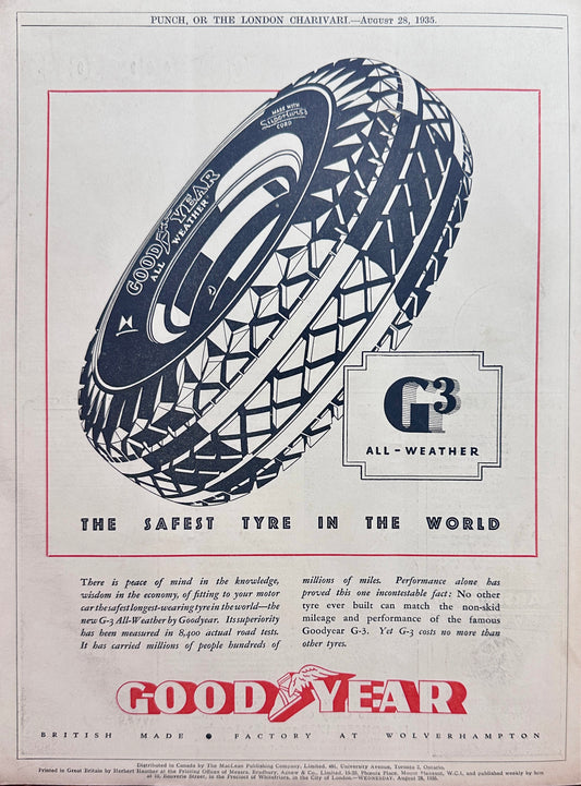 1933 Goodyear G3 All-Weather Tyres - Wolverhampton England Ad #N1189