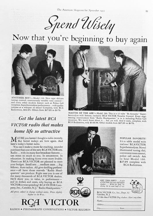 1933 RCA Victor Radios Model 100, 110 and 280 Featured Ad #N1183