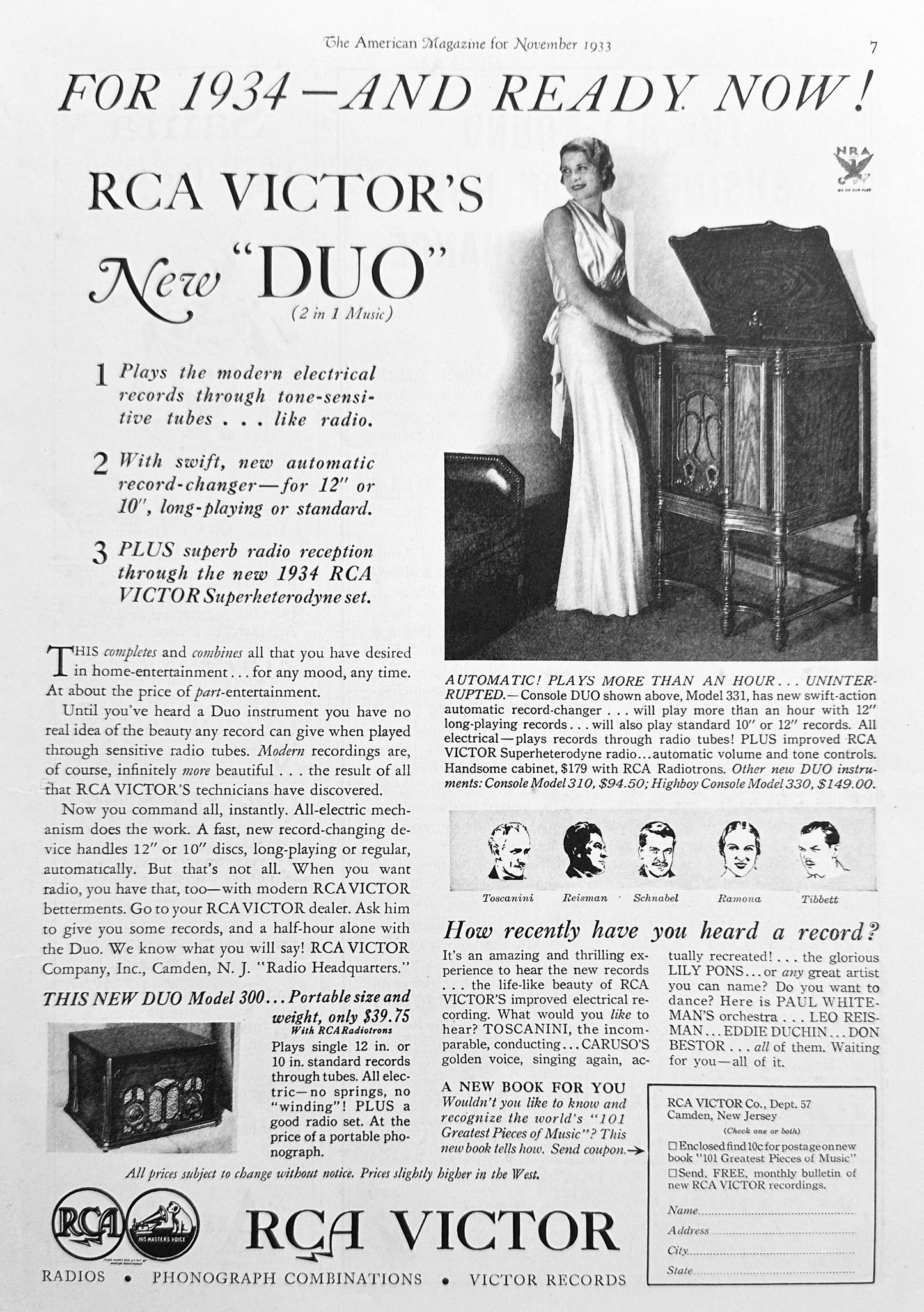 1933 RCA Victor Duo Model 300 and Model 331 for 1934 Ad #N1180