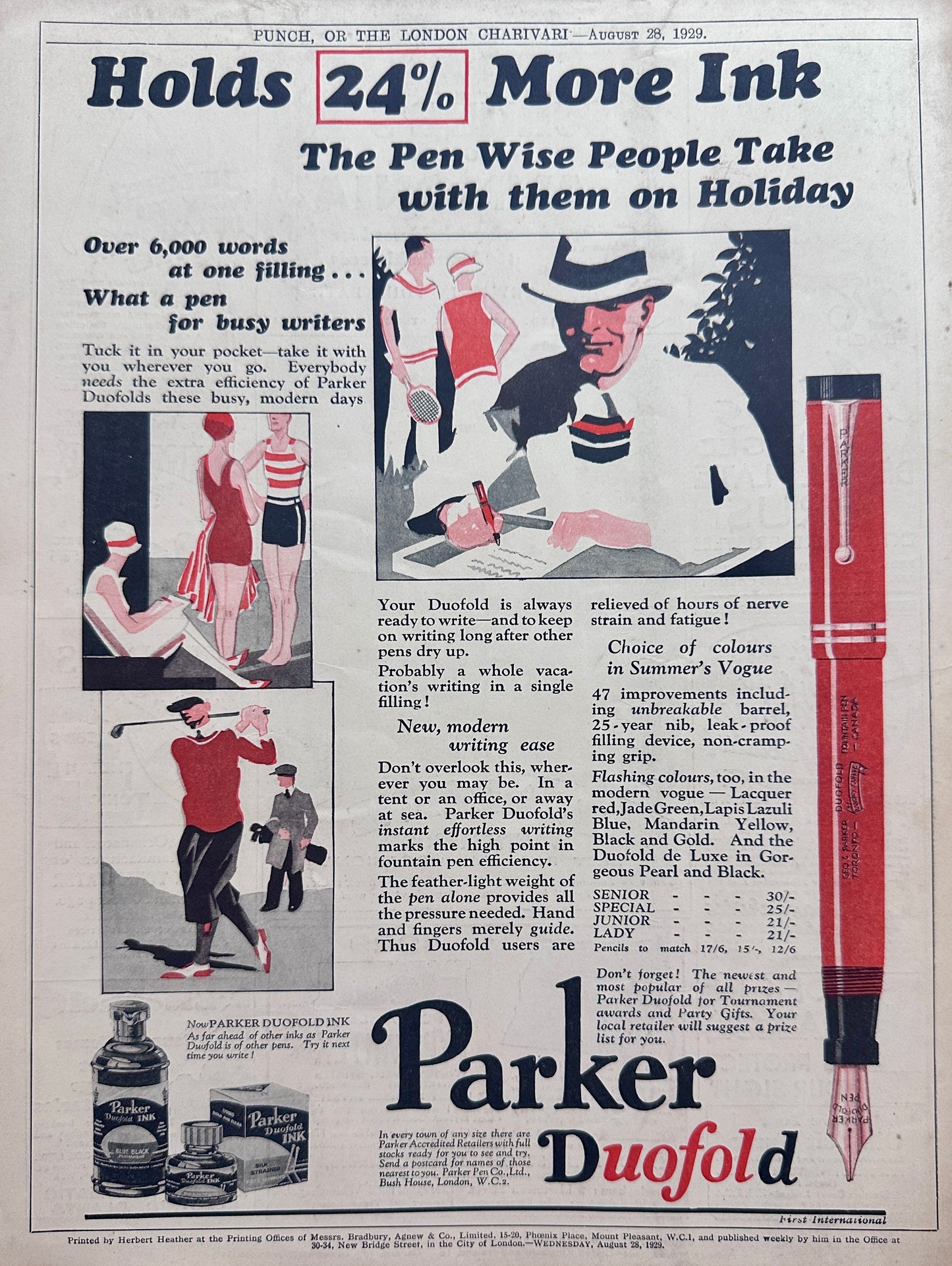 1929 Parker Duofold Fountain Pen Holds 24% More Ink Vintage Ad #N1165