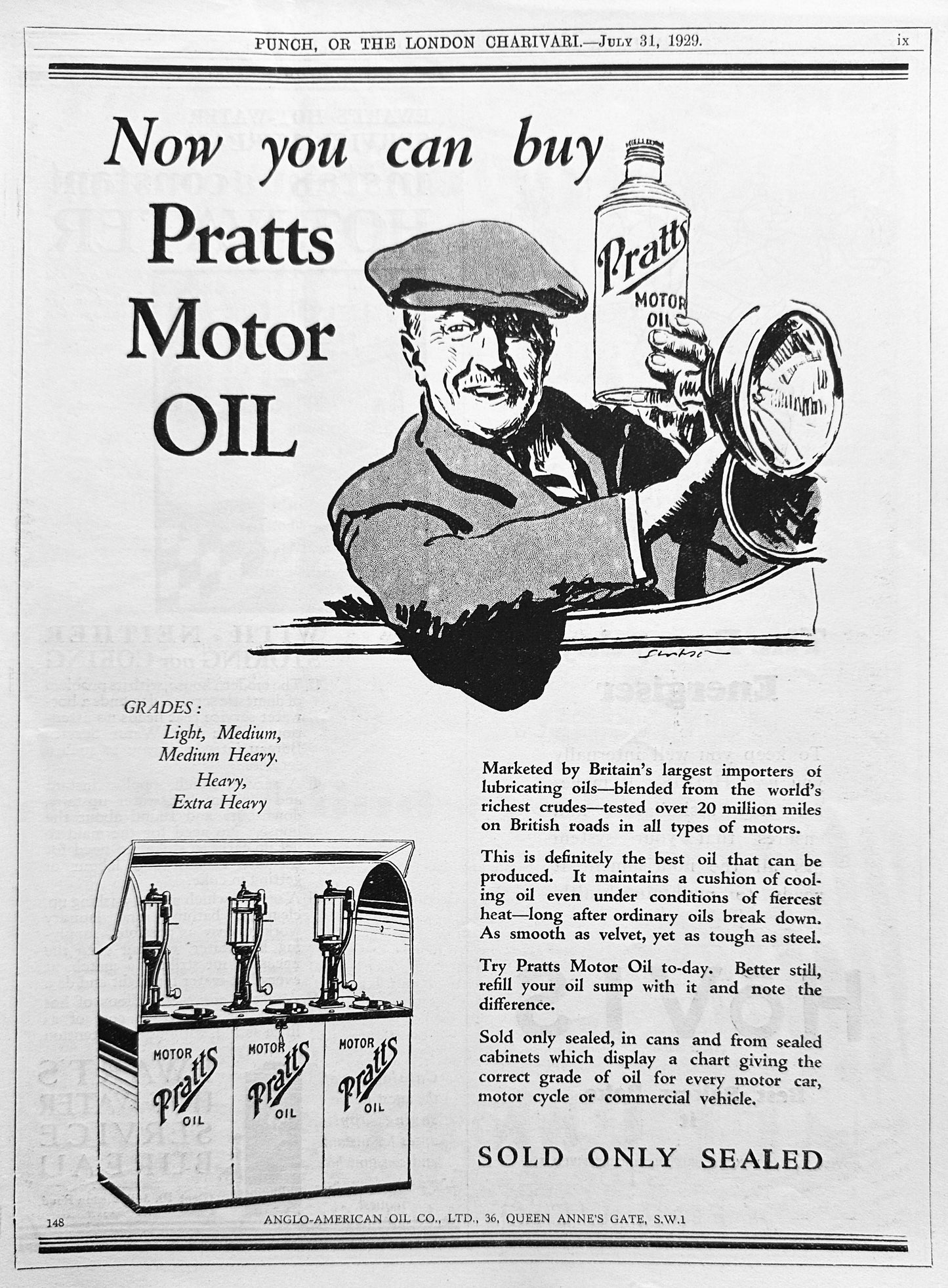1929 British Pratts Motor Oil - Available in 5 Grades Vintage Ad #N1167