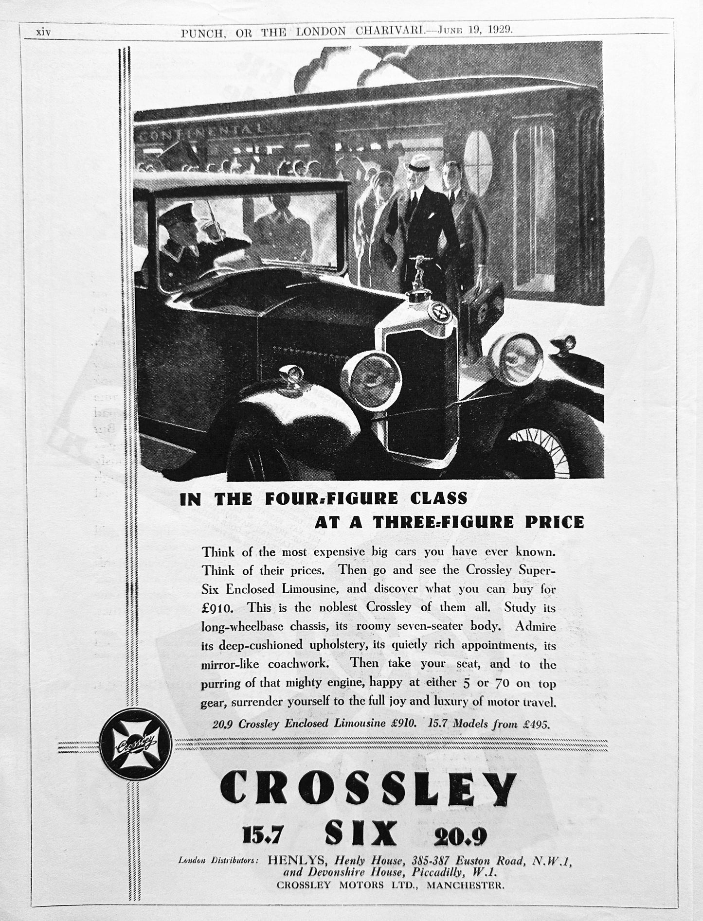 1929 Crosley Six Exclusively Sold in England through Henlys Ad #A366