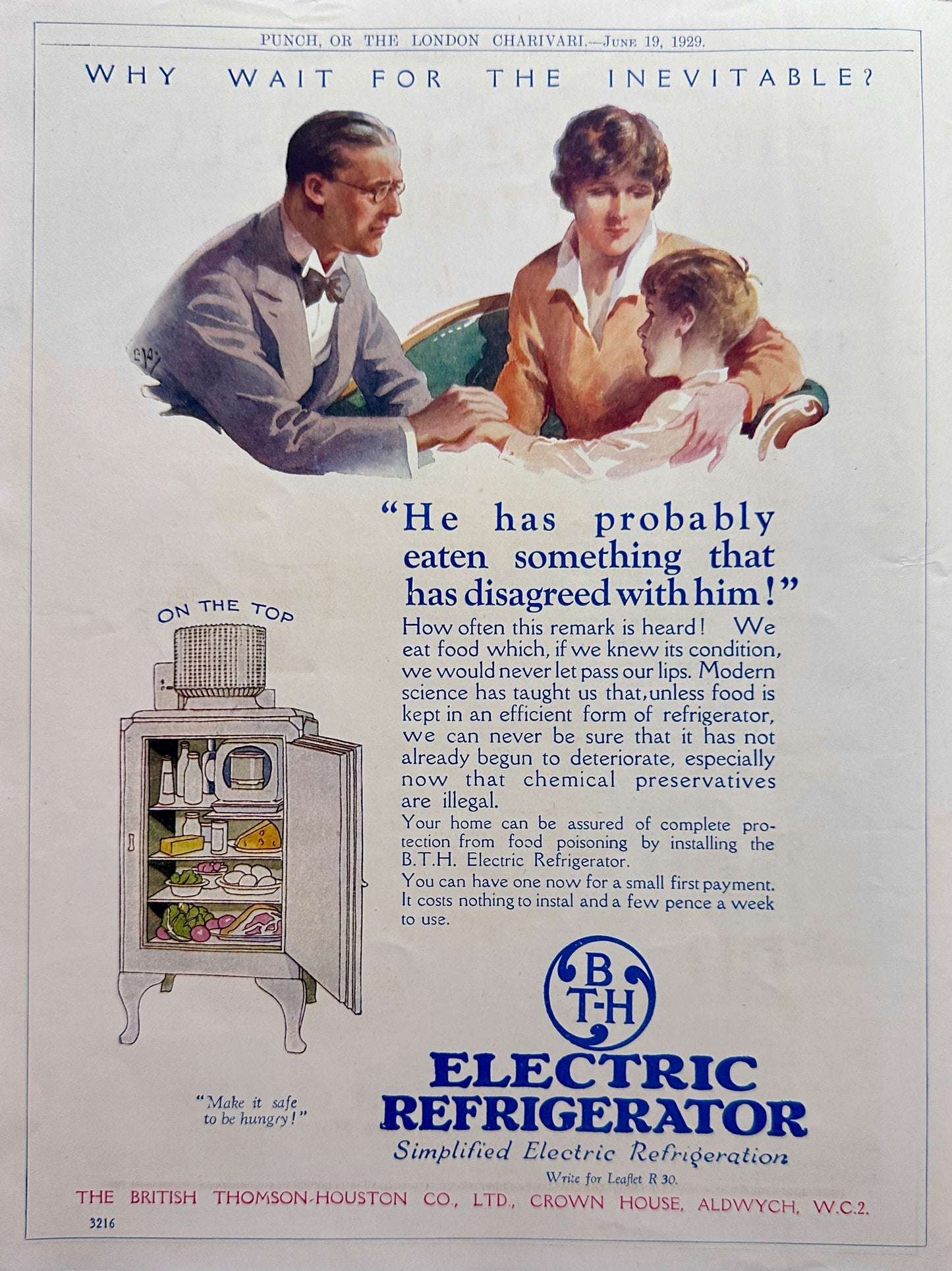 1929 British BTH Electric Refrigerator - Help Prevent Food Poisoning AD#N1169