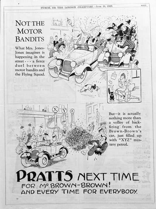 1929 Pratts Petrol Stops the Back-Firing of Mystery Gasoline Ad #N1172