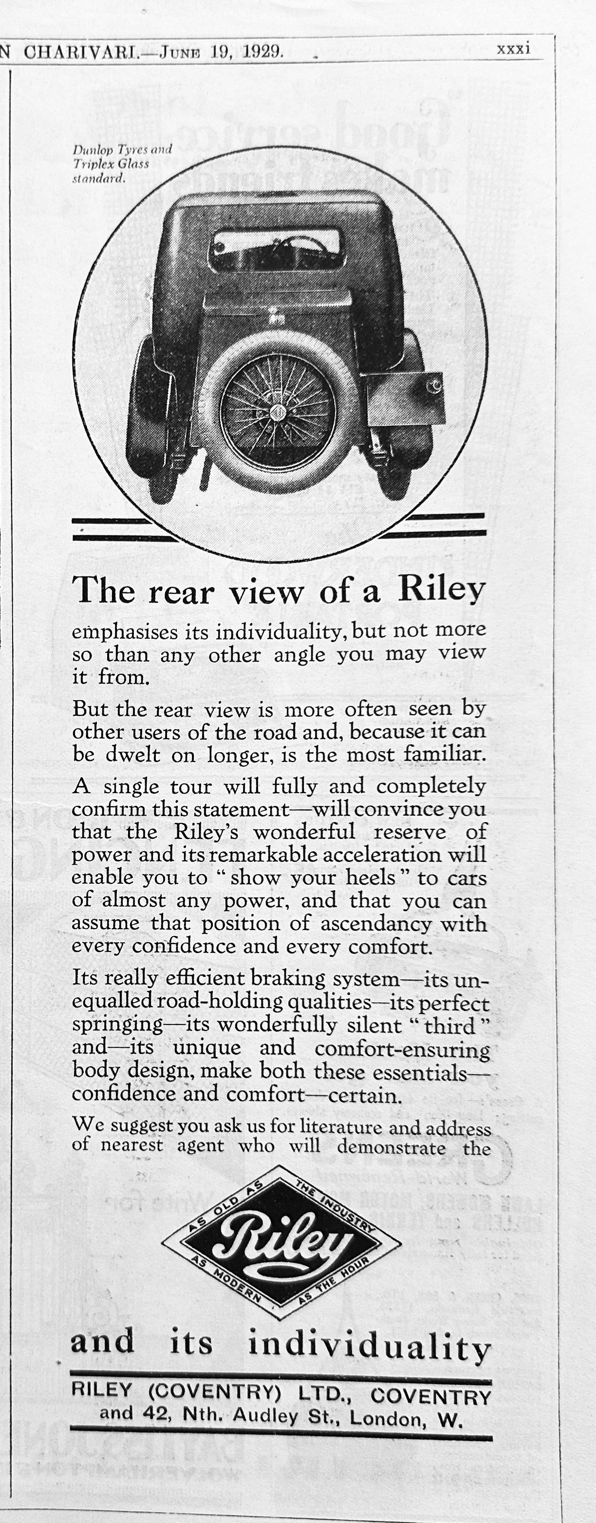 1929 Riley Motorcar British Period Ad #A369