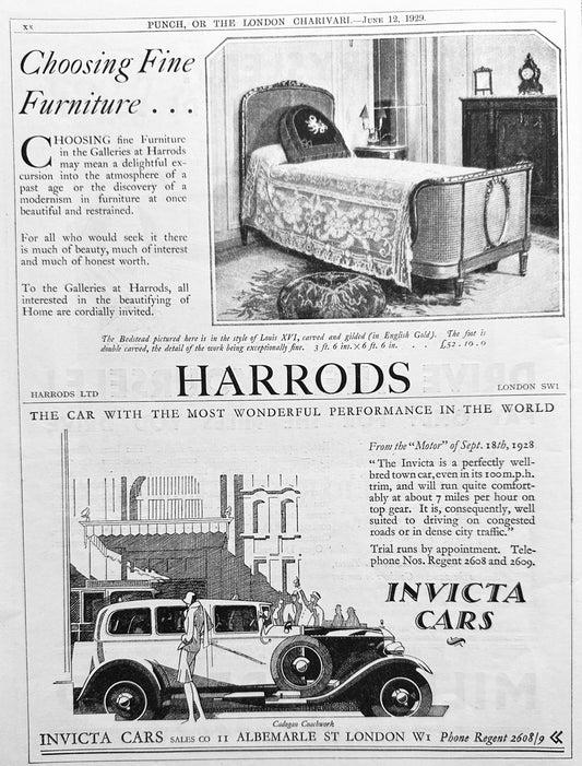 1929 Invicta Town Car & Harrods Louis XVI Bedroom Suite Ad #A371