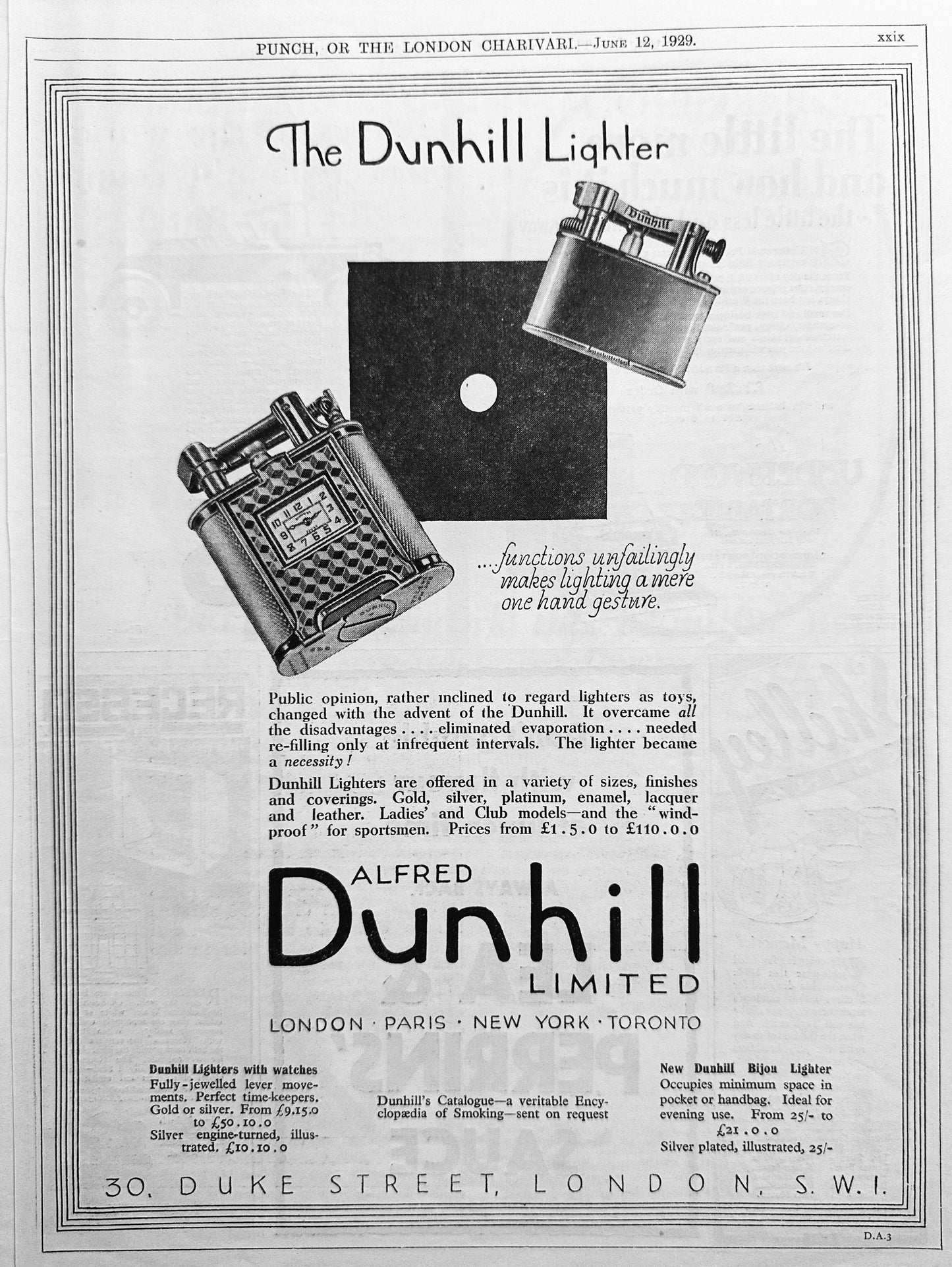 1929 The Dunhill Lighter & Watch Combo Vintage British Ad #N1176