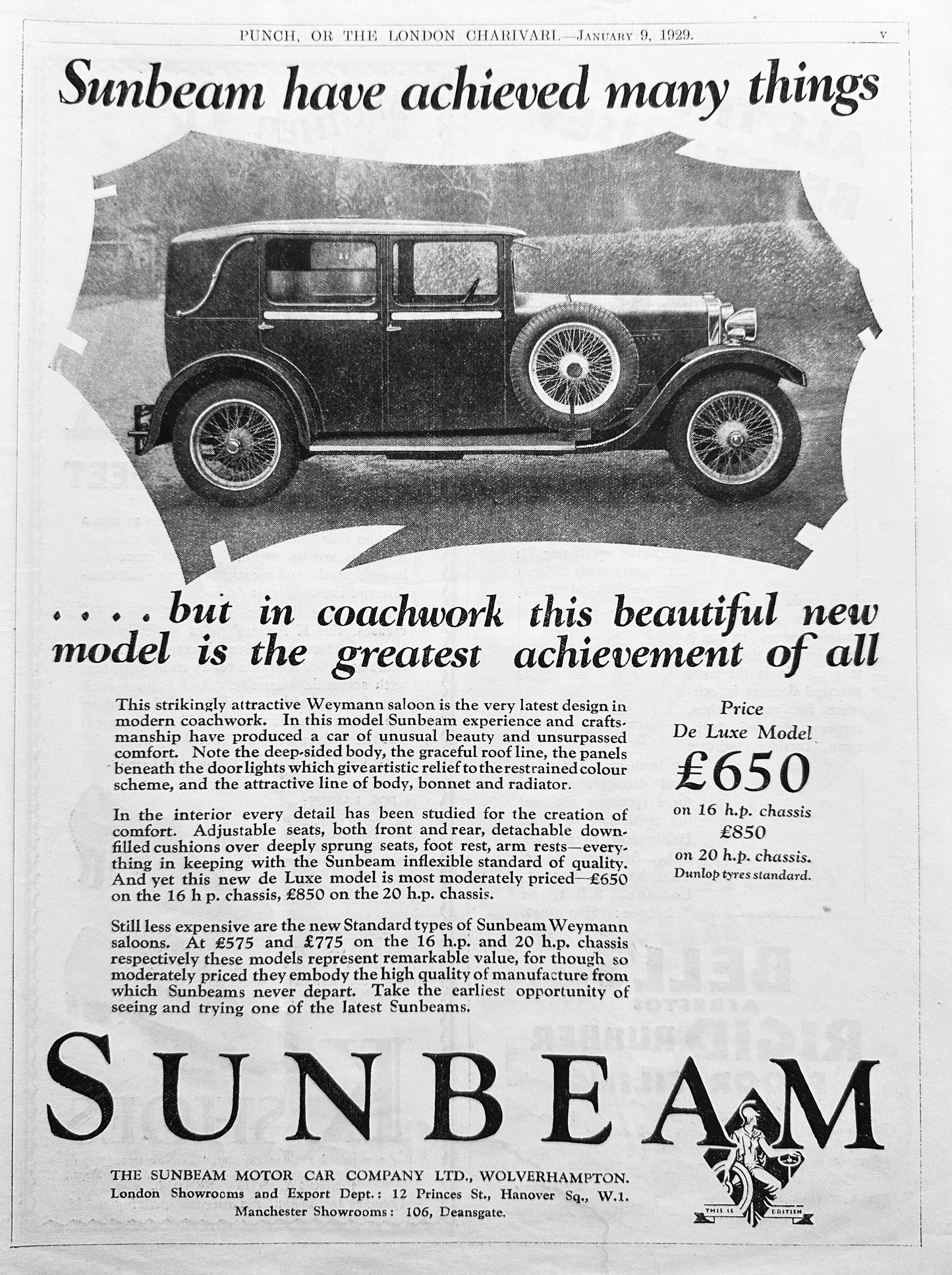 1929 Sunbeam Weymann Saloon DeLuxe Model - England - Ad #A374