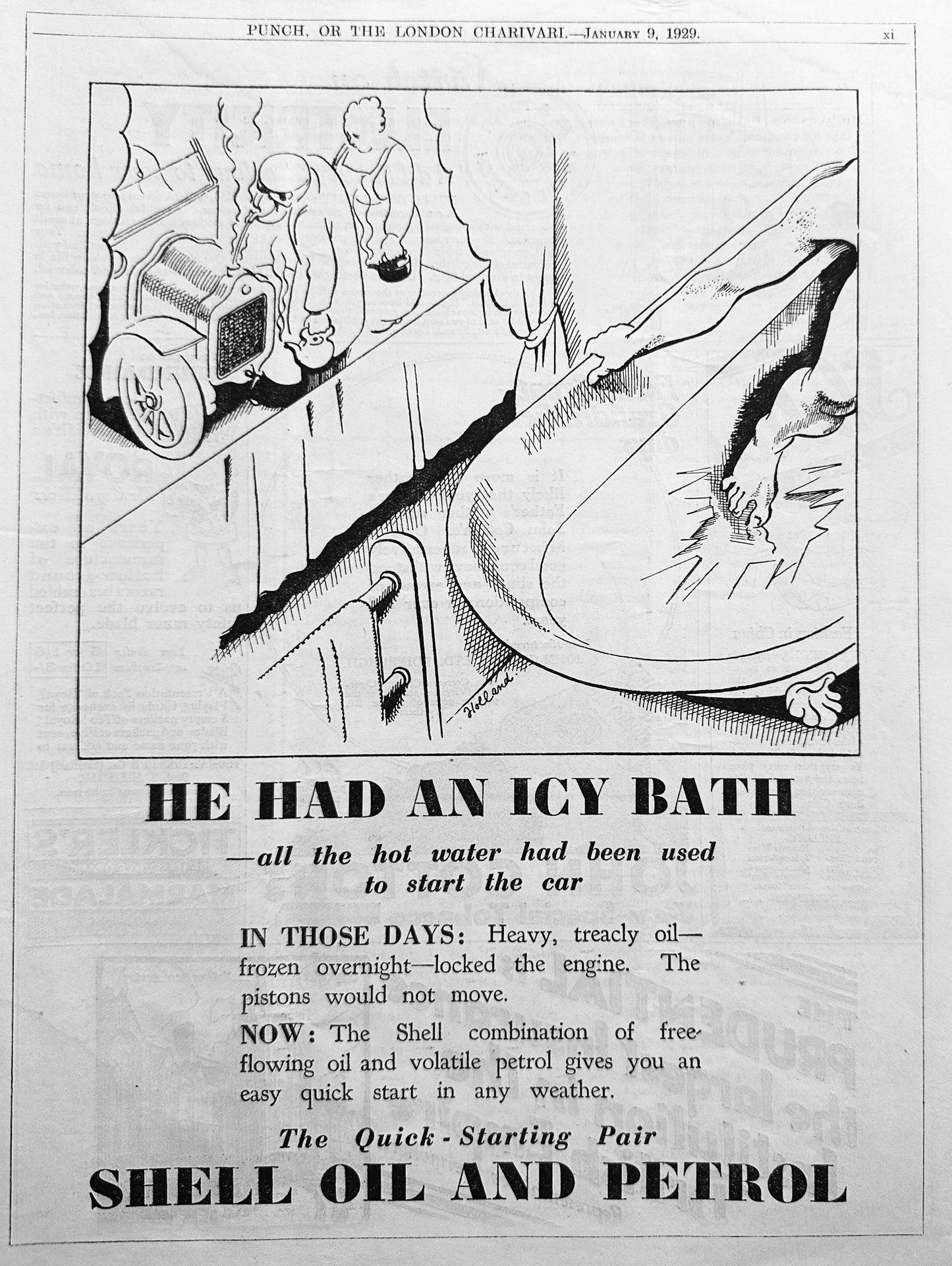 1929 British Shell Oil & Petrol Ad - He Had an Icy Bath Ad #N1178