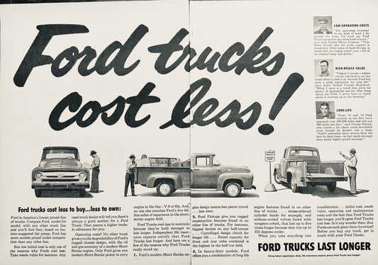 1956 (2-Page) Ford Pick-up Trucks Cost Less to Buy & Less to Own Ad #A361