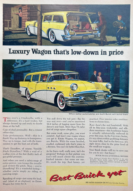 1956 Buick Century Estate Wagon Yellow over White Vintage Ad #A358