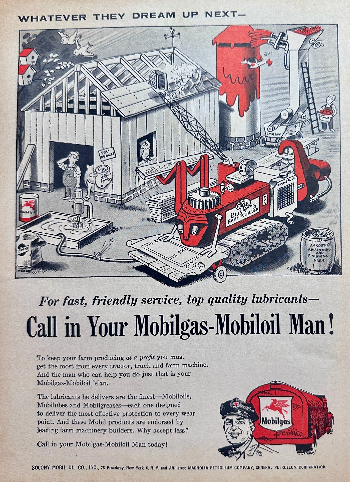 1956 Busy Bee Barn Builder - Mobilgas-Mobiloil - Vintage Ad #N1146