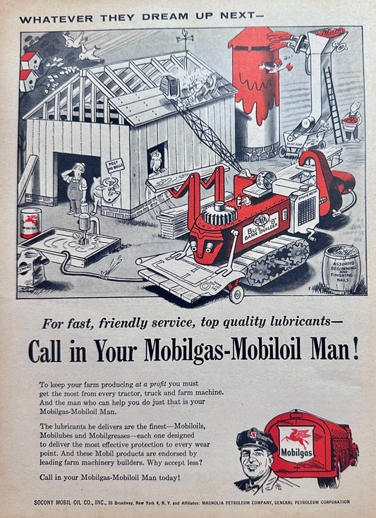 1956 Busy Bee Barn Builder - Mobilgas-Mobiloil - Vintage Ad #N1146