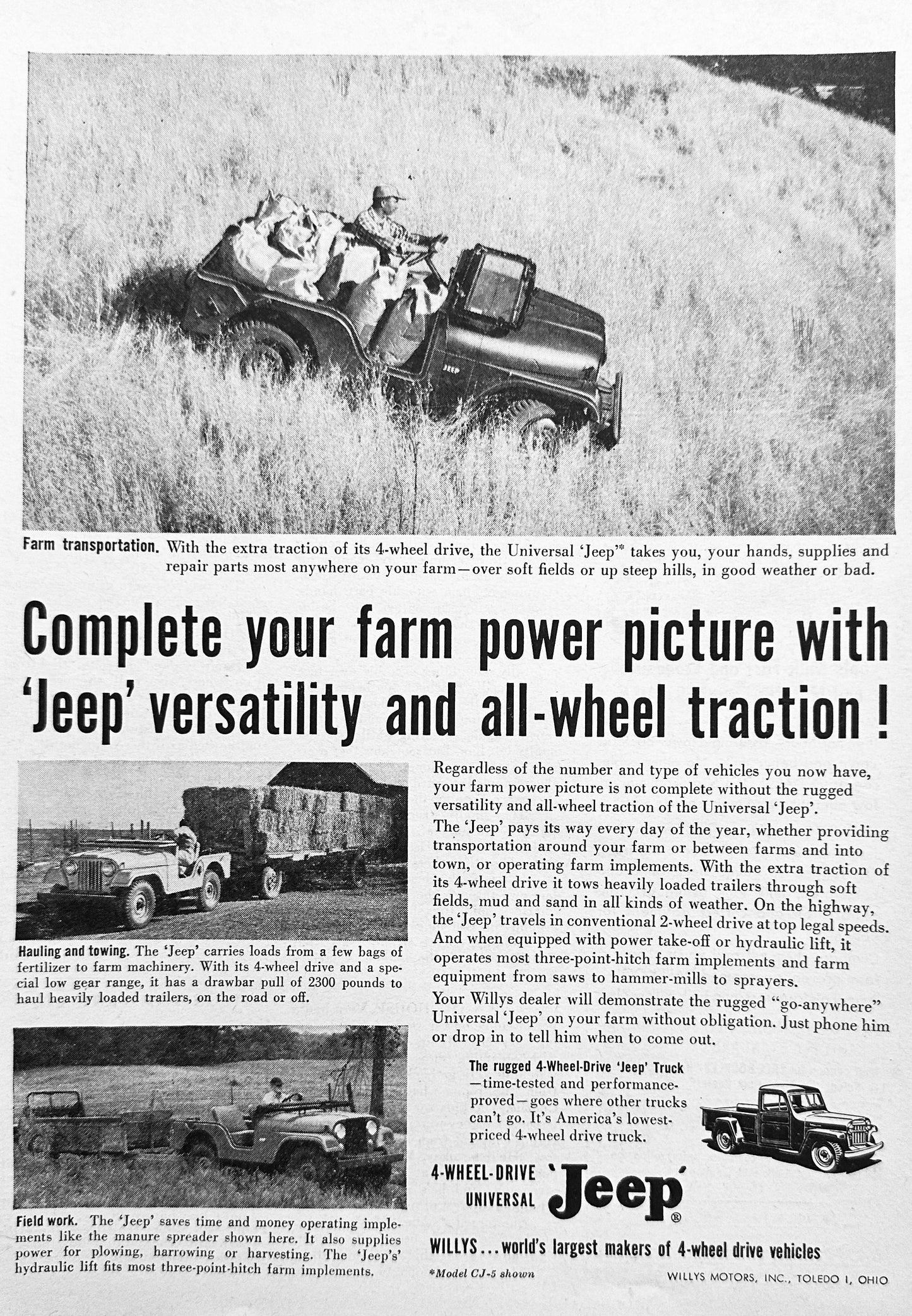 1956 Willys Jeep for Complete Farm Power Vintage Ad #A353