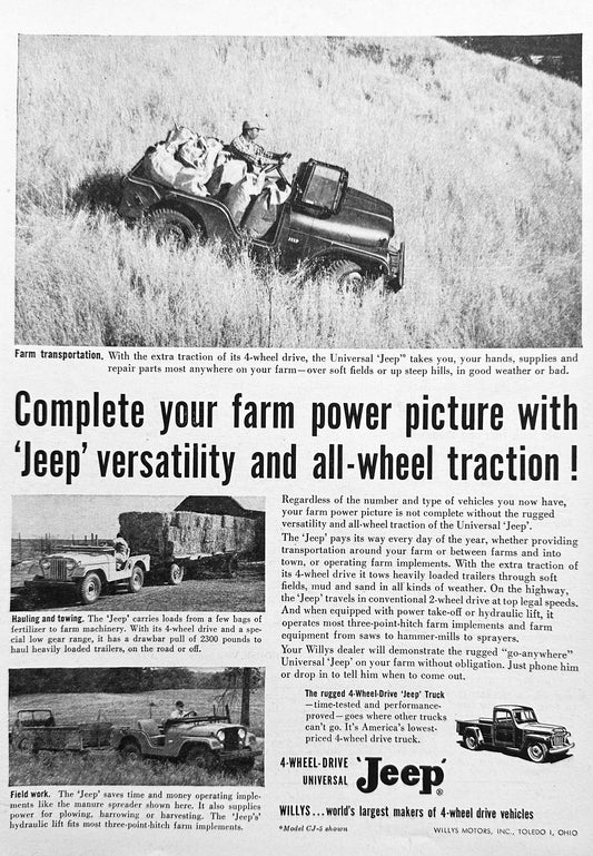 1956 Willys Jeep for Complete Farm Power Vintage Ad #A353