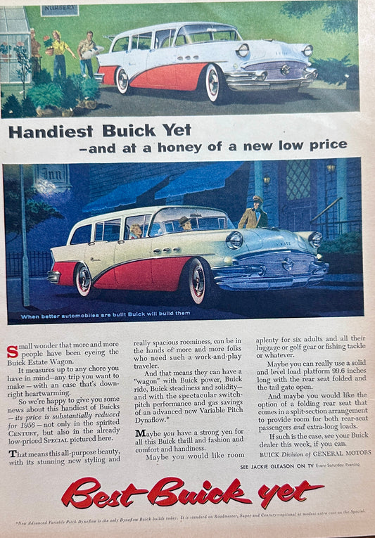 1956 Buick Century Special Estate Wagon White over Red Ad #A351